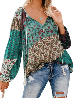 Prettybeautie Printed V-Neck Blouse