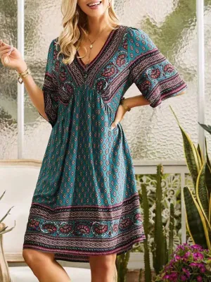 Prettybeautie Printed V-Neck Dress