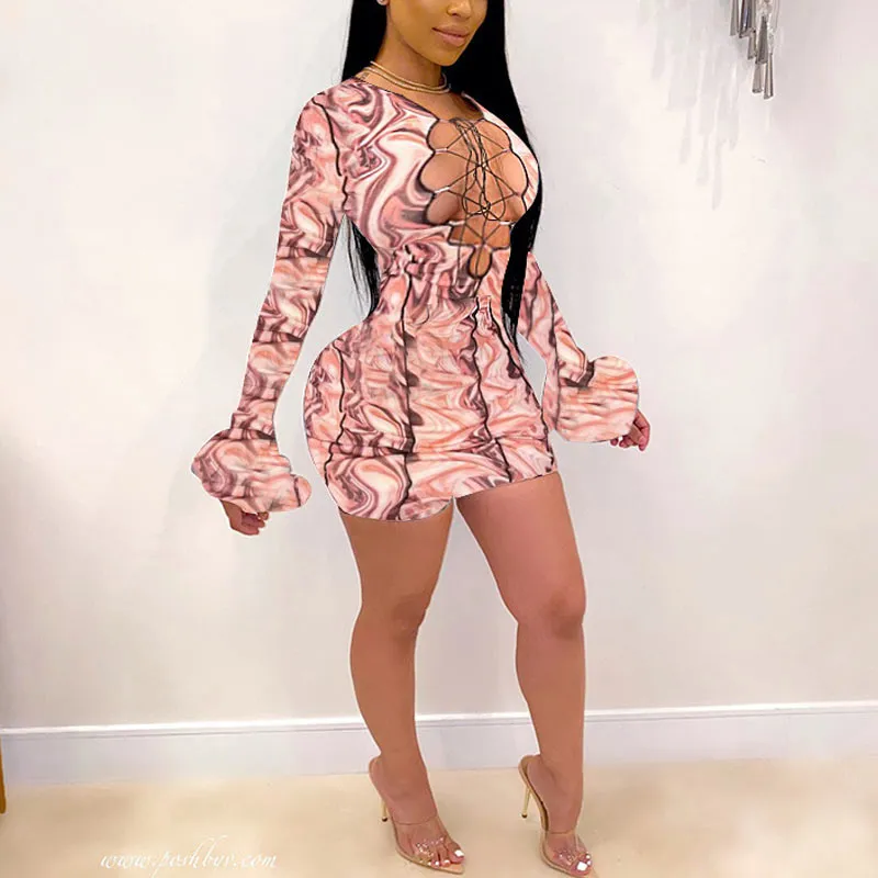 Print Flared Sleeve Lace Up Bodycon Dress