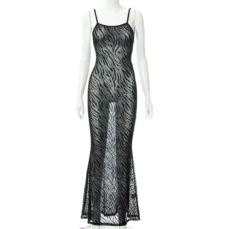 Printed Backless Tulle Dress - Casual Sleeveless Straps