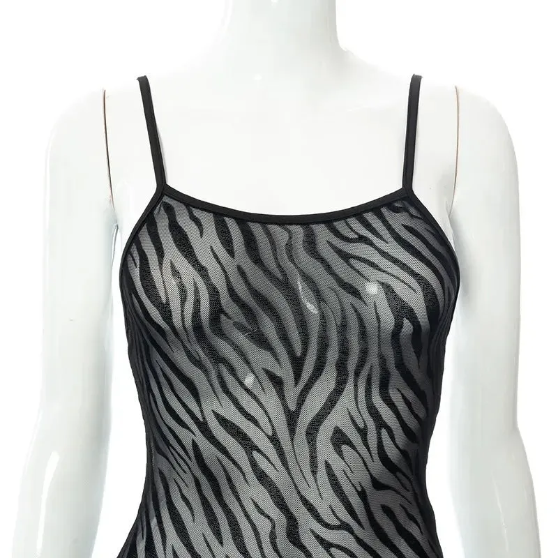 Printed Backless Tulle Dress - Casual Sleeveless Straps