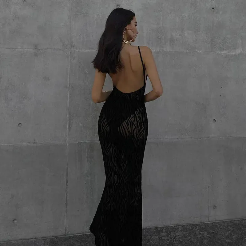 Printed Backless Tulle Dress - Casual Sleeveless Straps