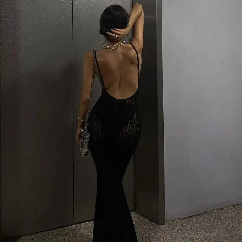 Printed Backless Tulle Dress - Casual Sleeveless Straps