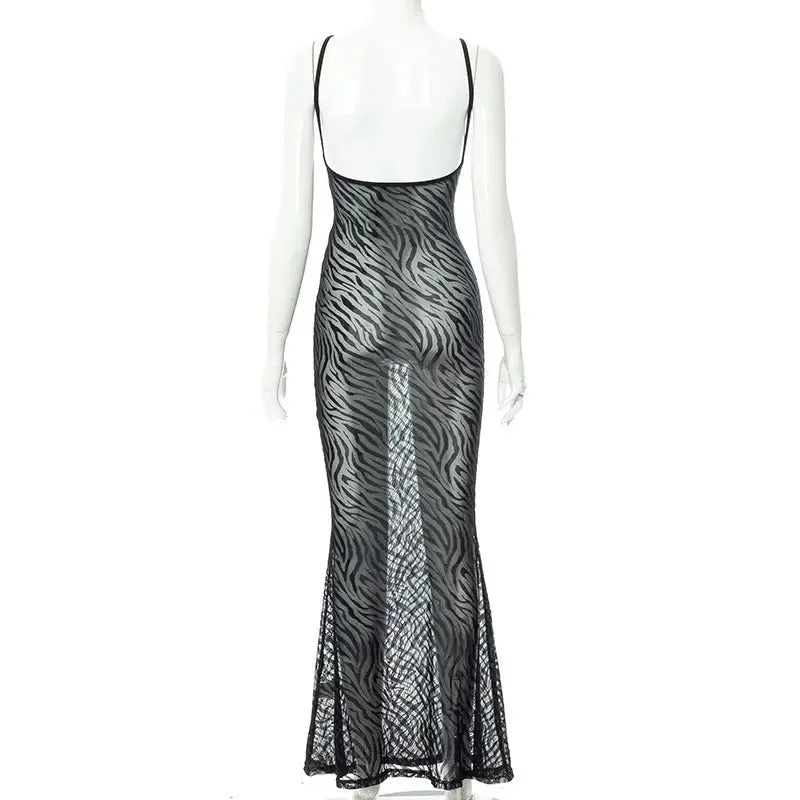 Printed Backless Tulle Dress - Casual Sleeveless Straps