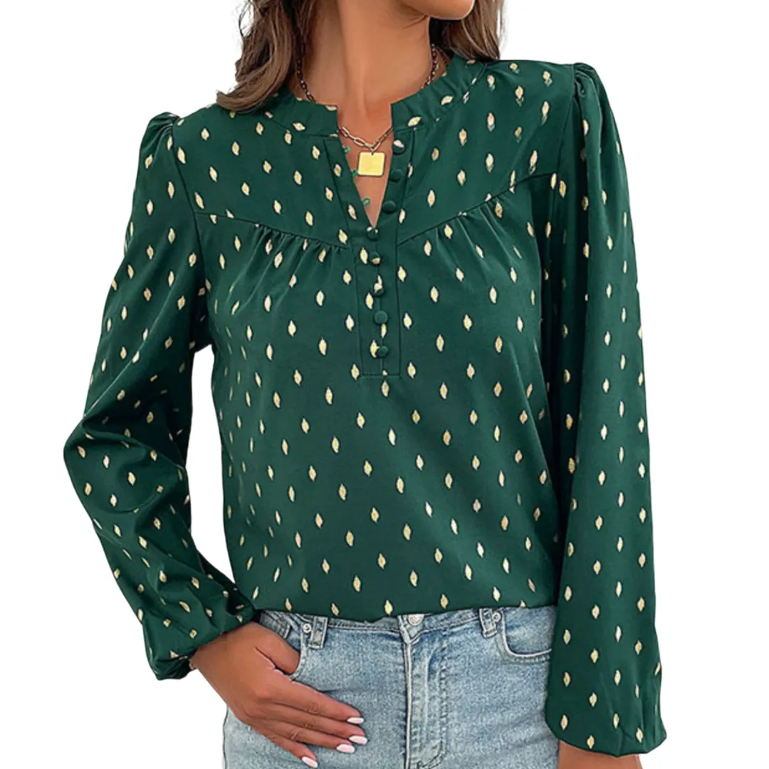 Printed Buttoned Puff Sleeve Blouse