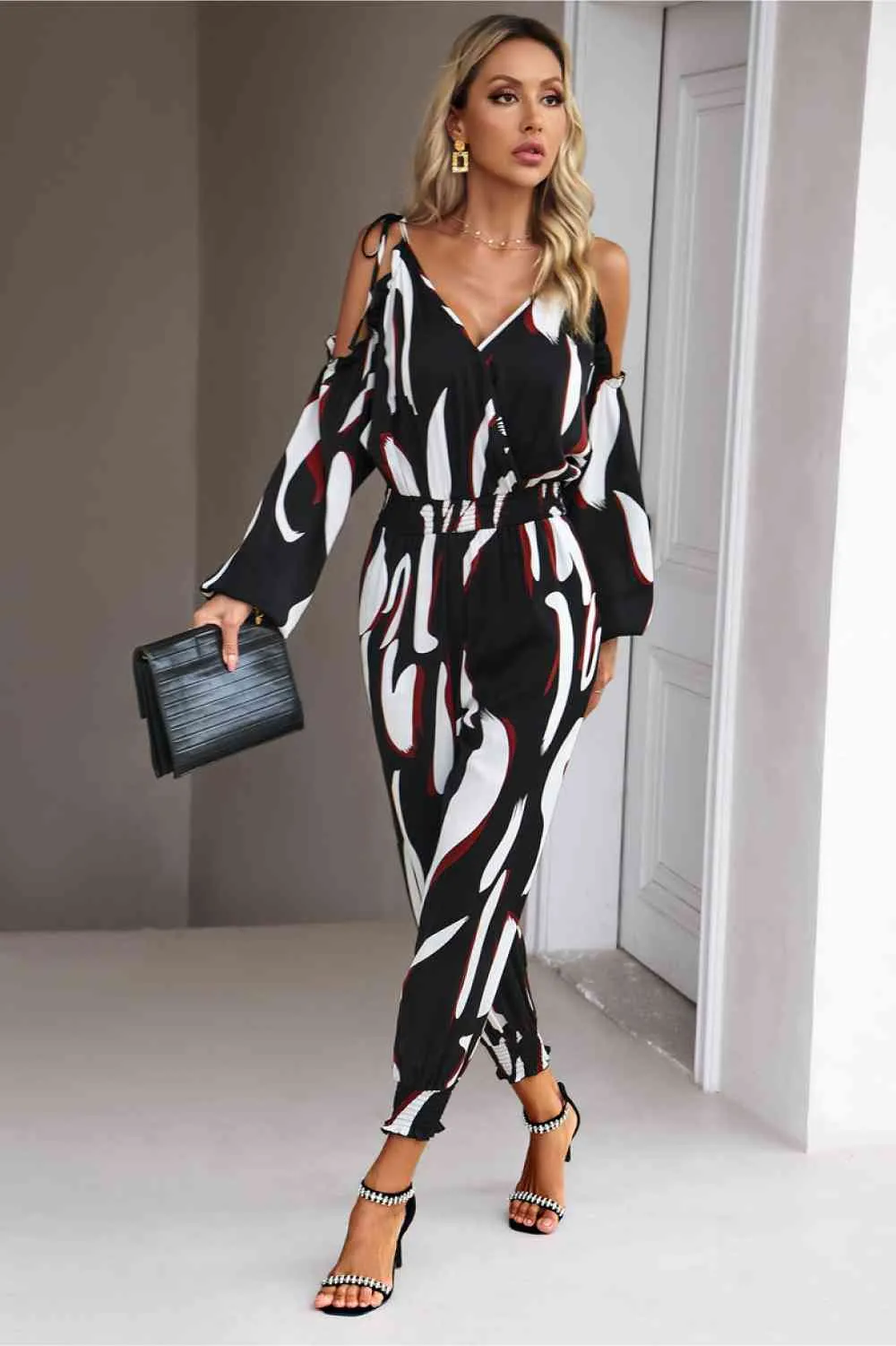 Printed Cold-Shoulder Surplice Neck Jumpsuit