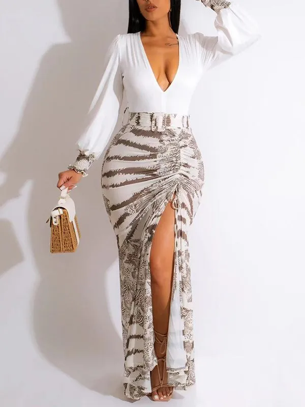 Printed-Combo V-Neck Slit Dress