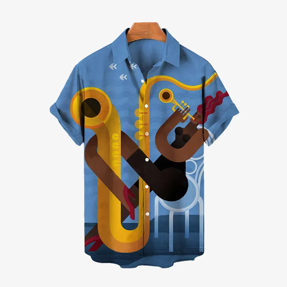 Printed Musical Instrument Notes Casual Short Sleeve Shirt