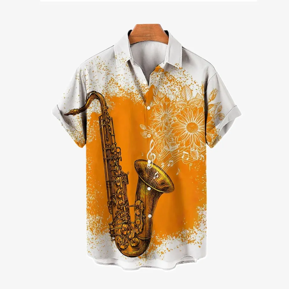 Printed Musical Instrument Notes Casual Short Sleeve Shirt
