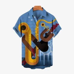 Printed Musical Instrument Notes Casual Short Sleeve Shirt
