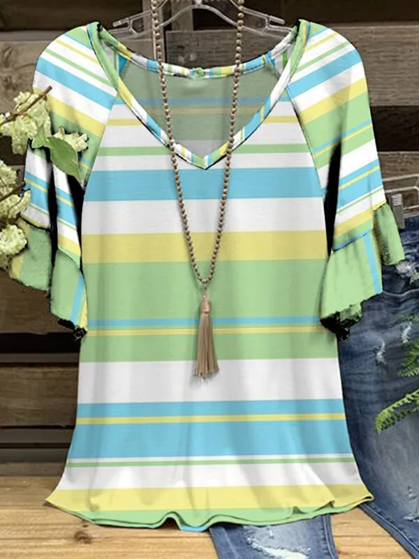 Printed V-Neck Ruffle Tee
