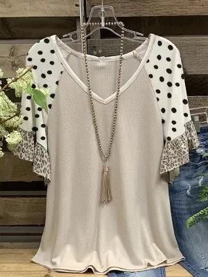 Printed V-Neck Ruffle Tee