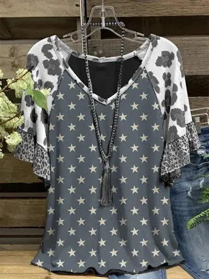 Printed V-Neck Ruffle Tee