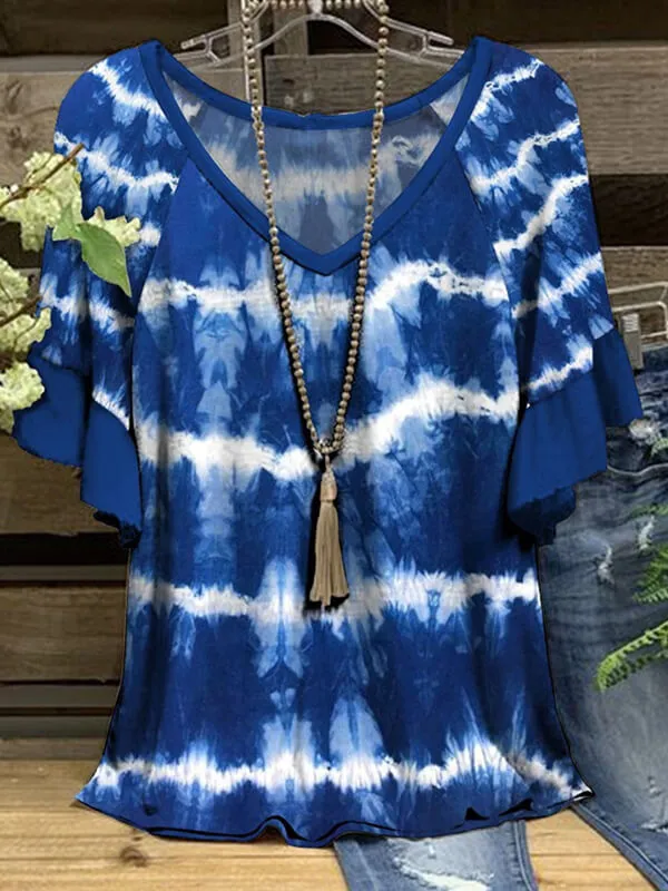 Printed V-Neck Ruffle Tee