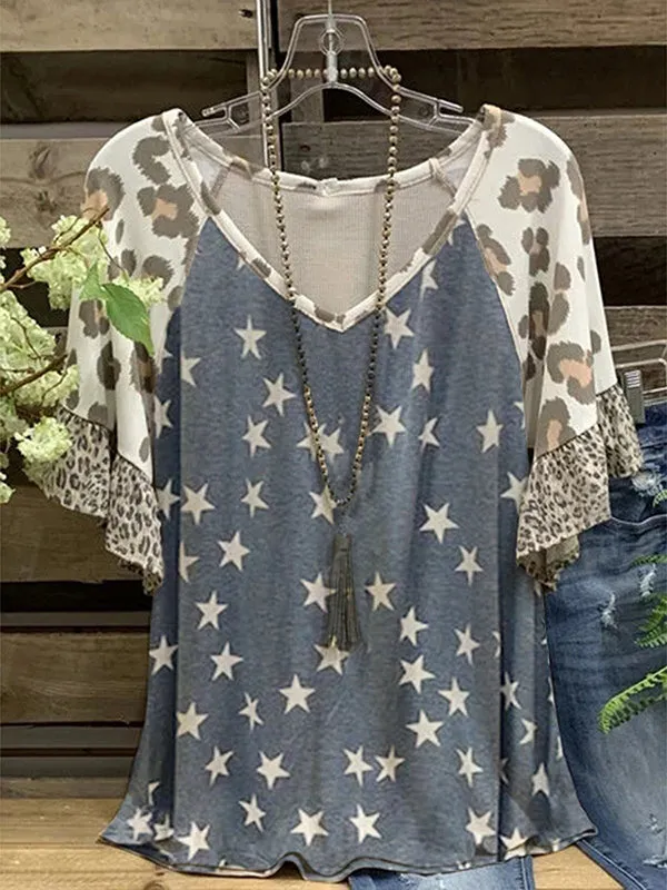 Printed V-Neck Ruffle Tee