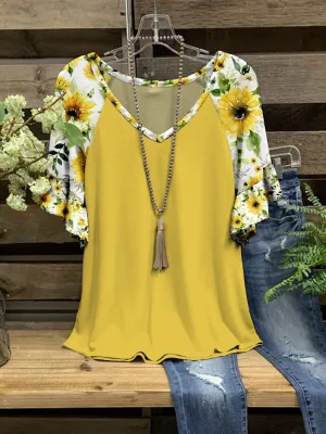 Printed V-Neck Ruffle Tee