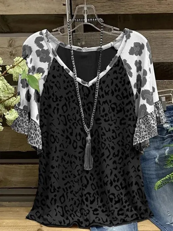 Printed V-Neck Ruffle Tee