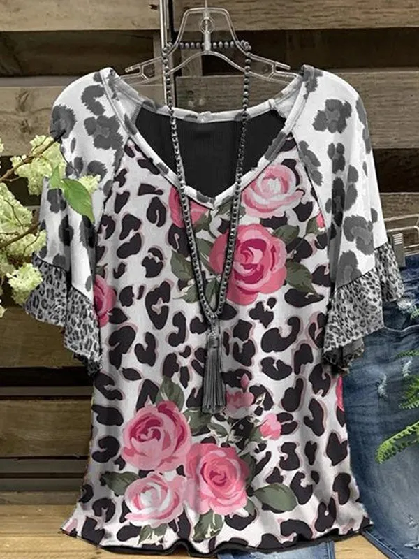 Printed V-Neck Ruffle Tee