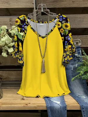 Printed V-Neck Ruffle Tee