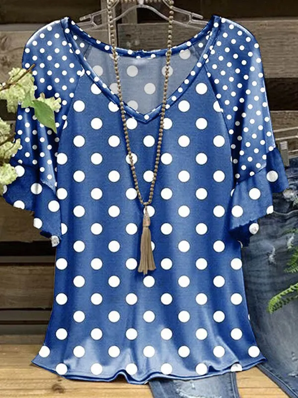 Printed V-Neck Ruffle Tee