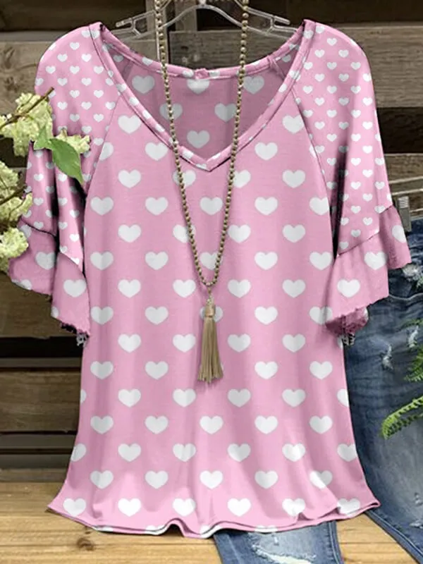 Printed V-Neck Ruffle Tee