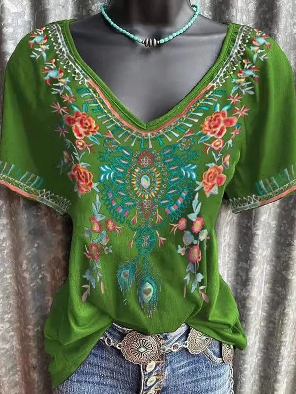 Printed V-Neck Tee--Clearance