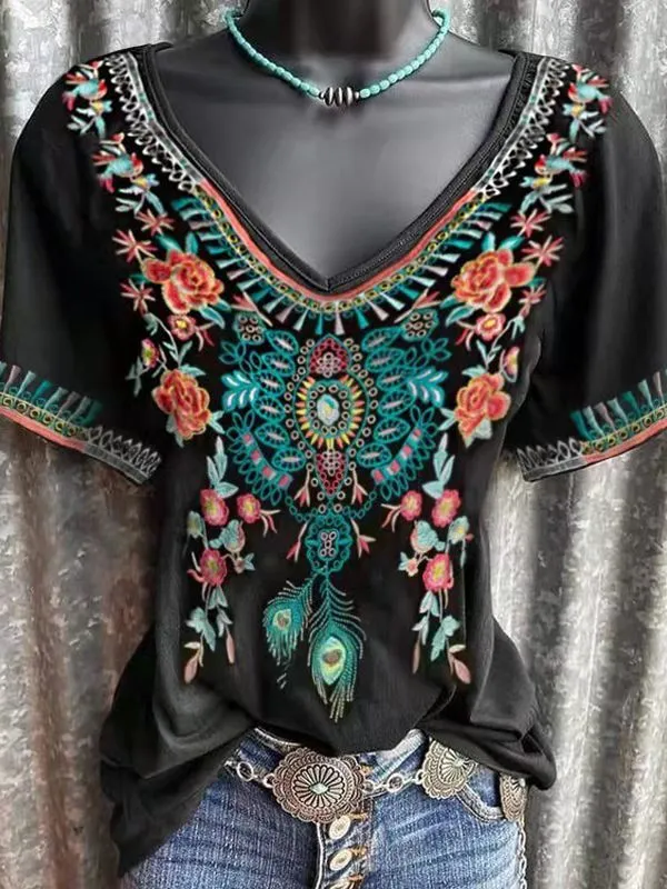 Printed V-Neck Tee--Clearance
