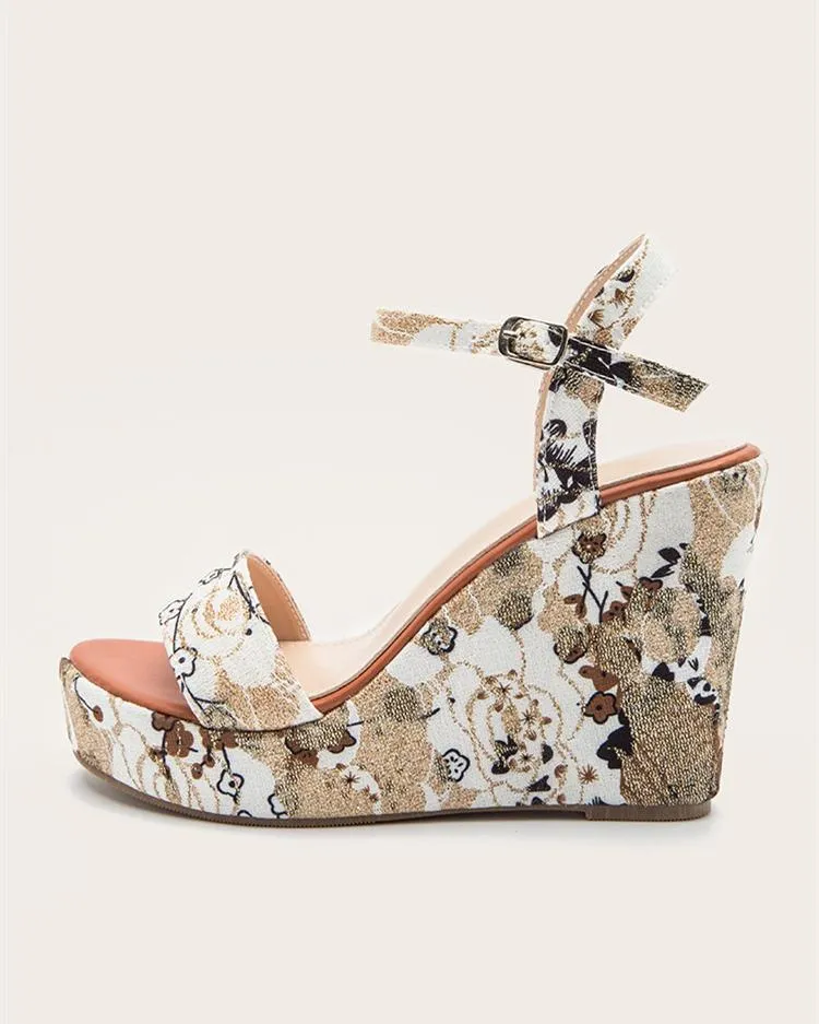 Printed Wedge Sandals - White