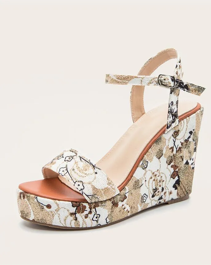 Printed Wedge Sandals - White