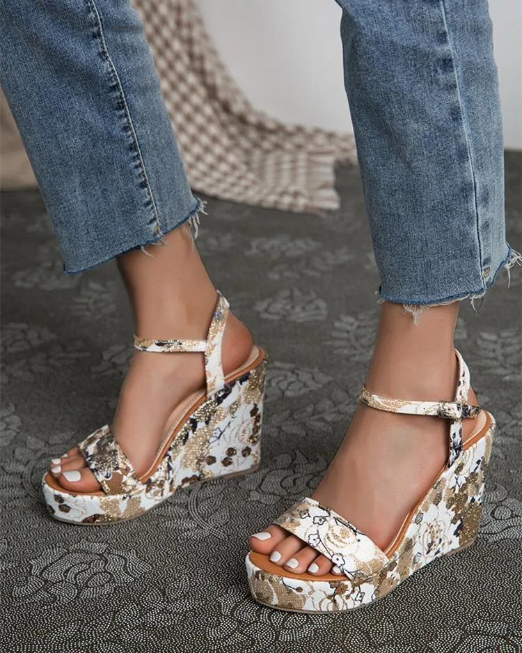 Printed Wedge Sandals - White