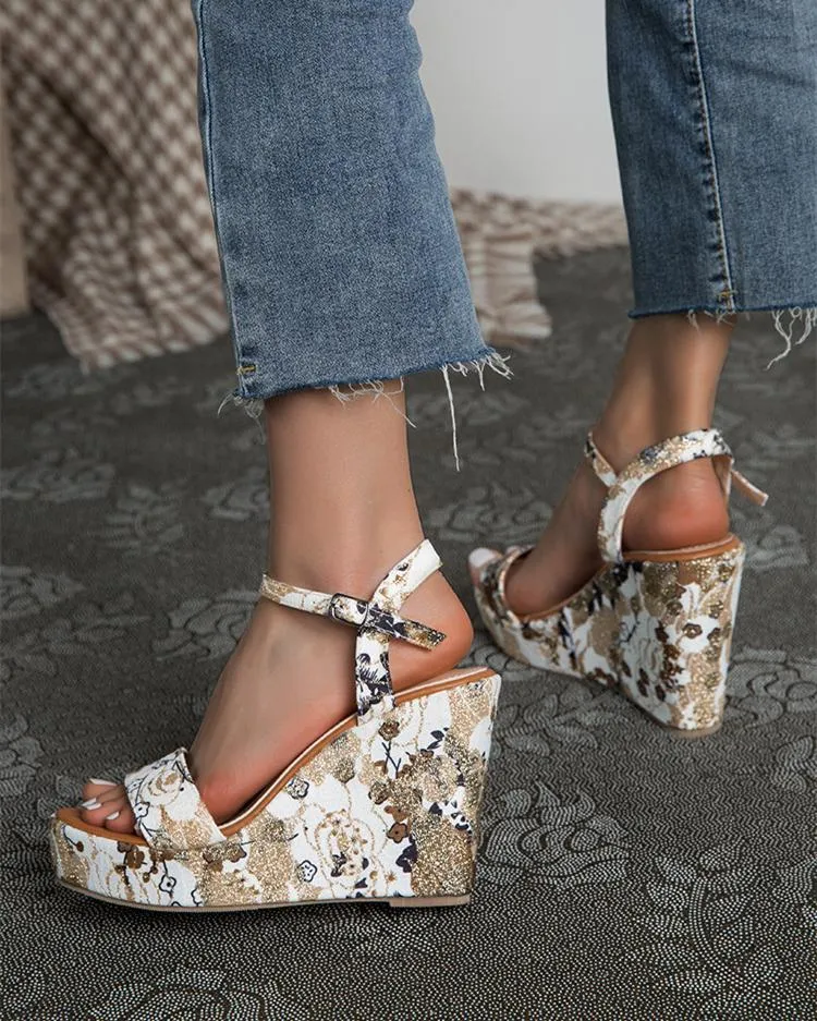 Printed Wedge Sandals - White