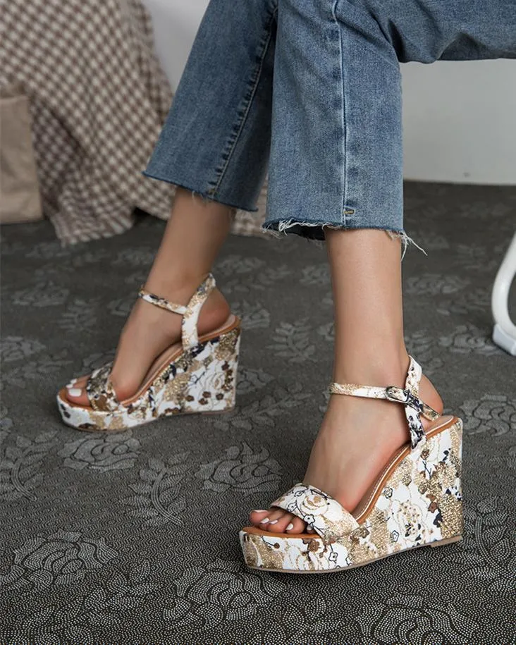 Printed Wedge Sandals - White