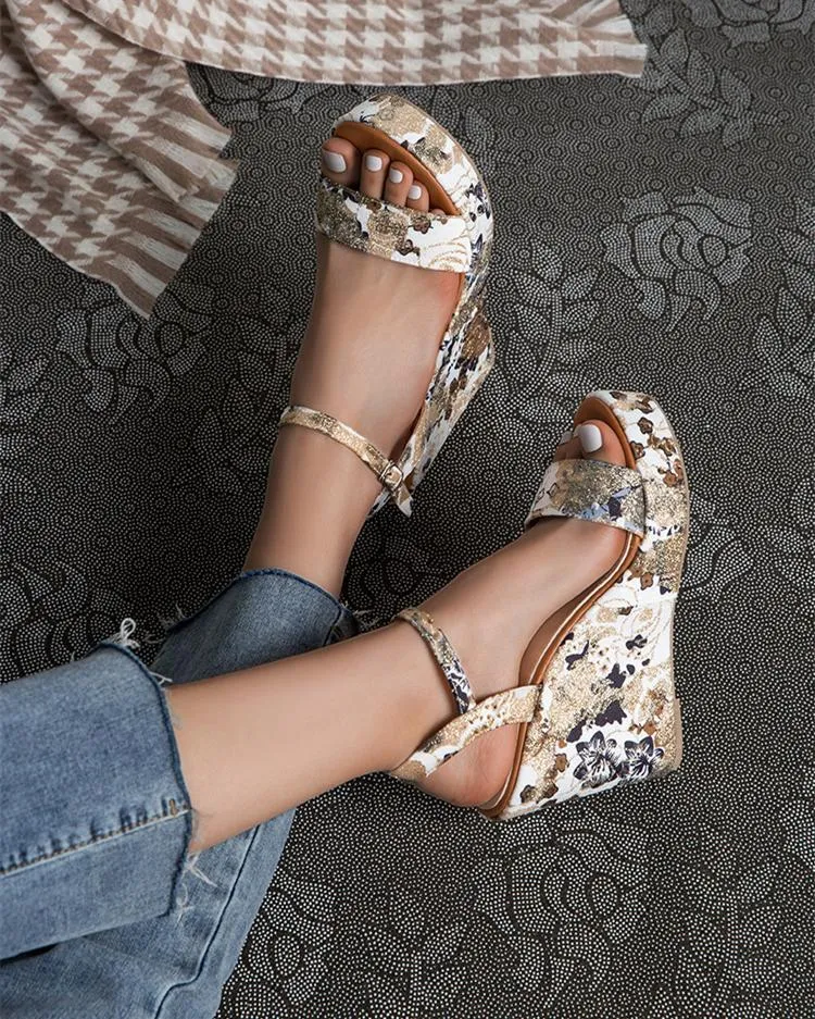 Printed Wedge Sandals - White