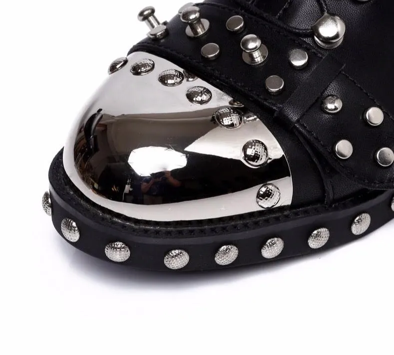 quality black flats genuine leather studded lace up ankle boots,motorcycle winter booties