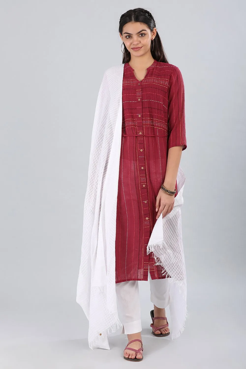 Red Mandarin Neck Printed kurta