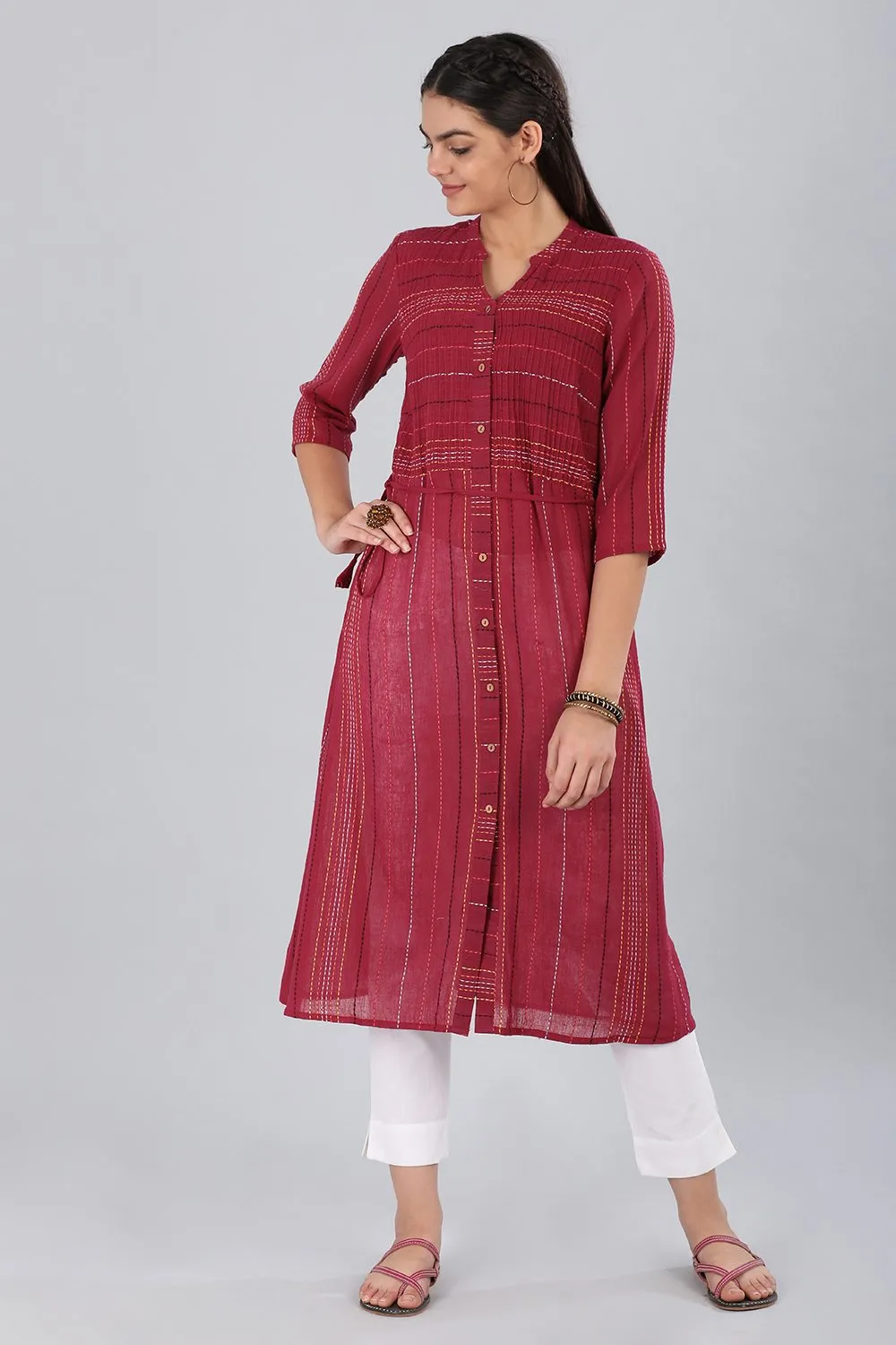 Red Mandarin Neck Printed kurta
