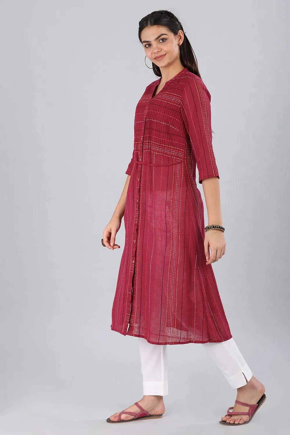 Red Mandarin Neck Printed kurta