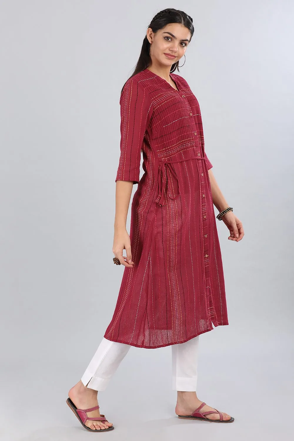 Red Mandarin Neck Printed kurta