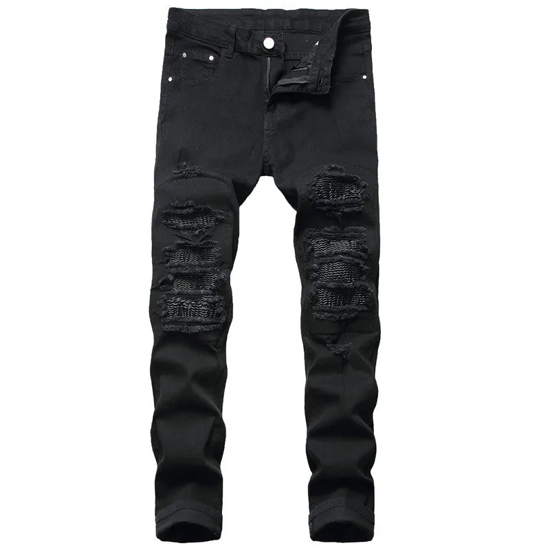 Slim Men's Ripped Jeans Patch With Leather Pencil Pants