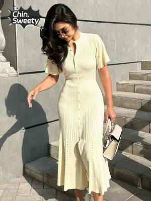 Solid Hollow Out Knitted Slim Maxi Dress