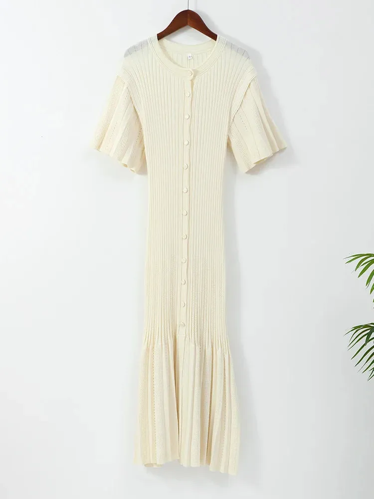 Solid Hollow Out Knitted Slim Maxi Dress