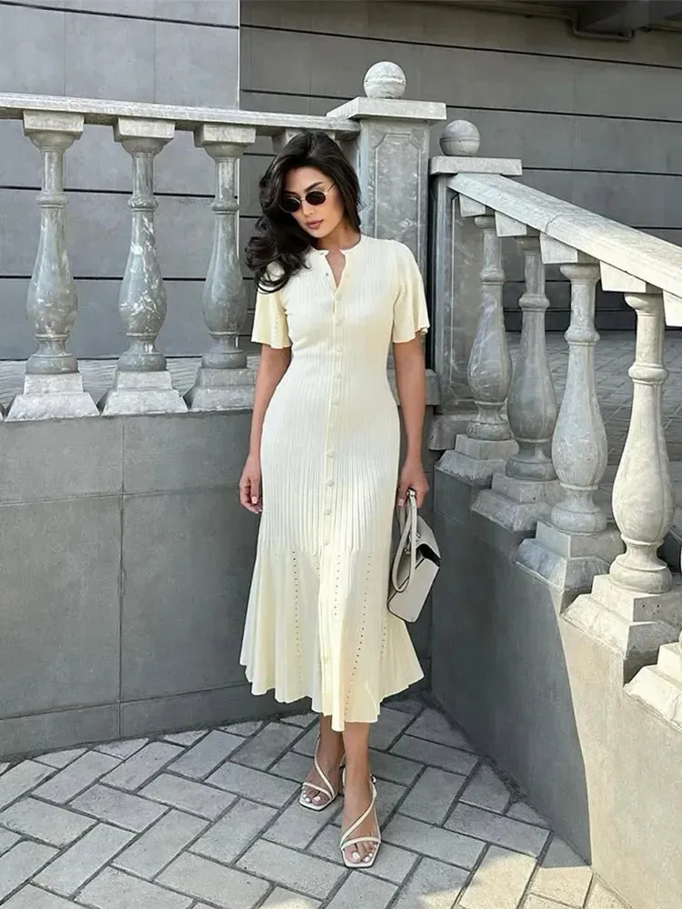 Solid Hollow Out Knitted Slim Maxi Dress