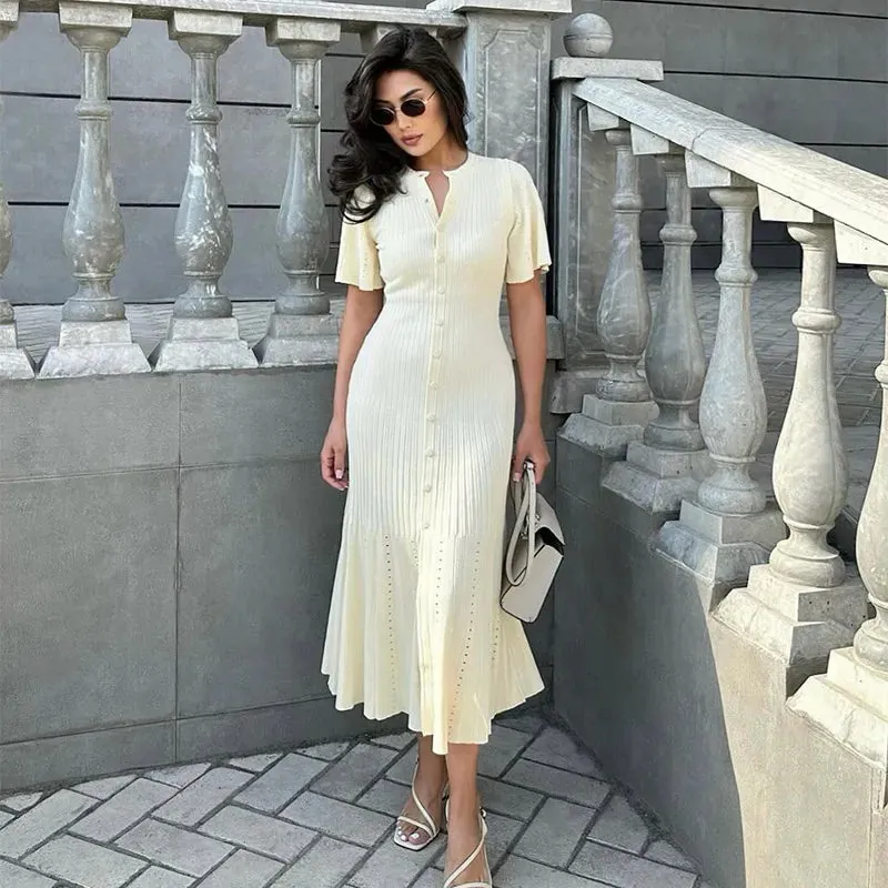 Solid Hollow Out Knitted Slim Maxi Dress