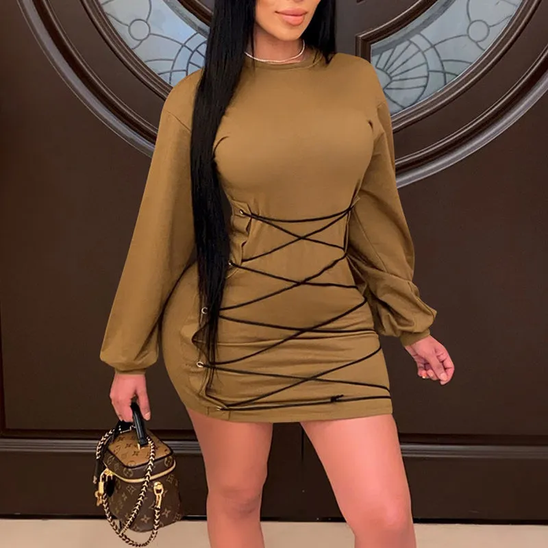 Solid Lace Up Eyelet Long Sleeve Dress