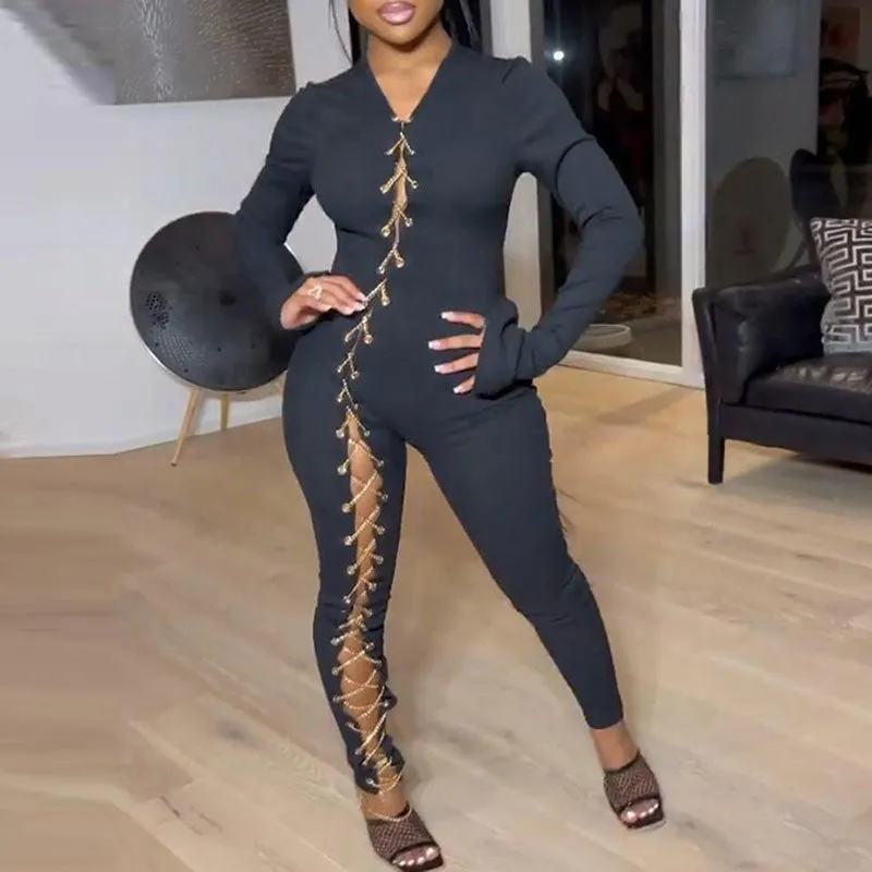 Solid Long Sleeve Chains Lace Up Skinny Jumpsuit