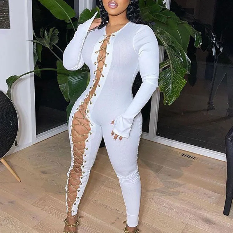 Solid Long Sleeve Chains Lace Up Skinny Jumpsuit