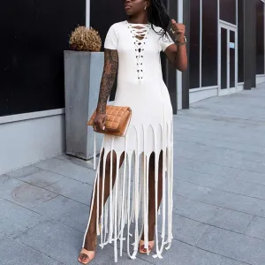 Solid Short Sleeve Lace Up Tassel Design Dress