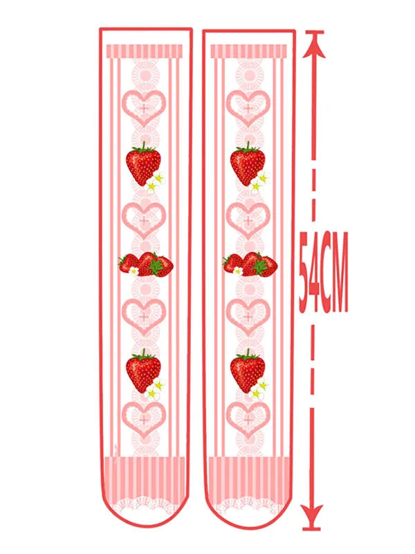 Sweet Lolita Stockings Pink Velvet Strawberry Printed Lolita Knee High Socks