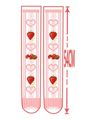 Sweet Lolita Stockings Pink Velvet Strawberry Printed Lolita Knee High Socks