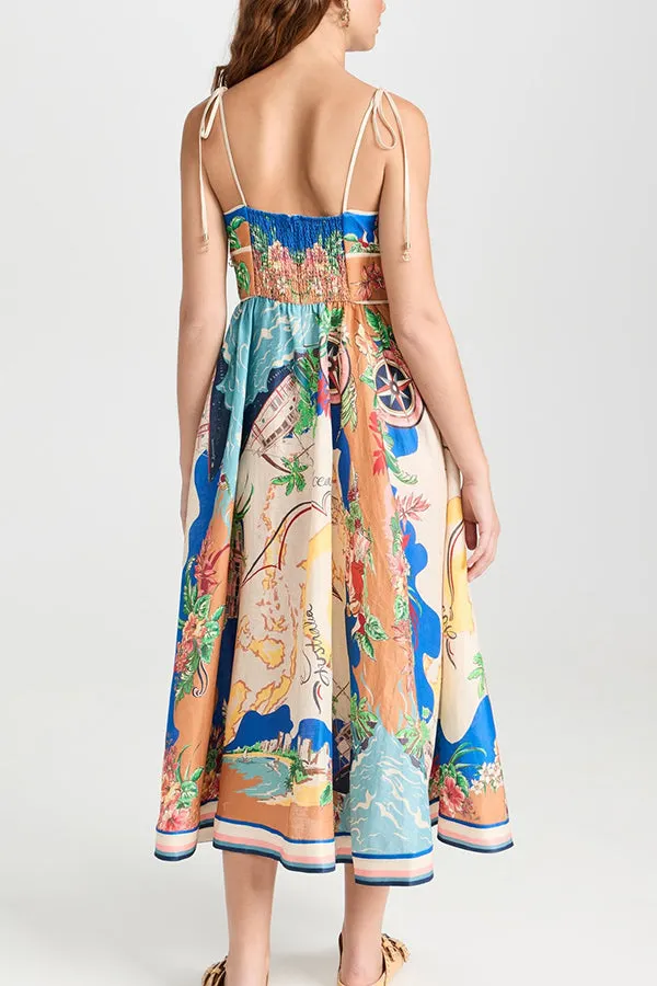 Unique Printed Lace-up Suspender Pockets Casual Resort Style Midi Dress
